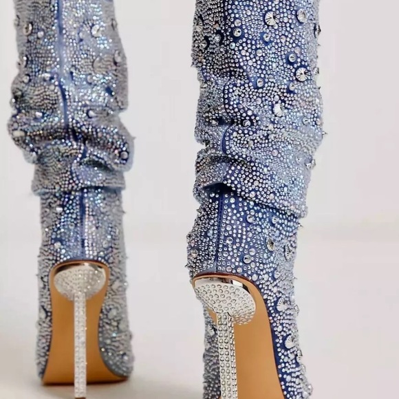 Urban Outfitters Azalea Wang Challengers Rhinestone Denim Boots Stiletto - Picture 9 of 12